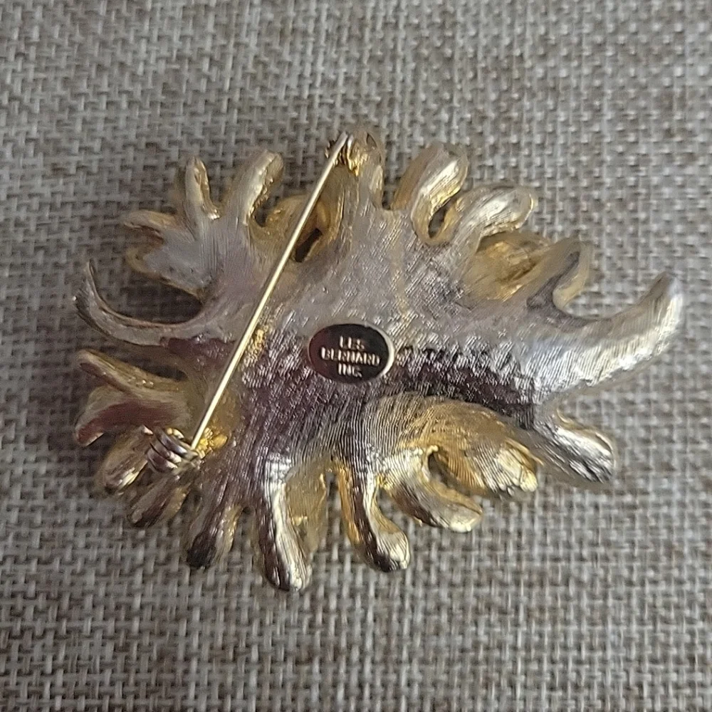 VTG Les Bernard Large Goldtone Pave Crystal Rhinestone Leaf  Brooch Signed